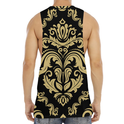 Black And Beige Damask Pattern Print Men's Muscle Tank Top