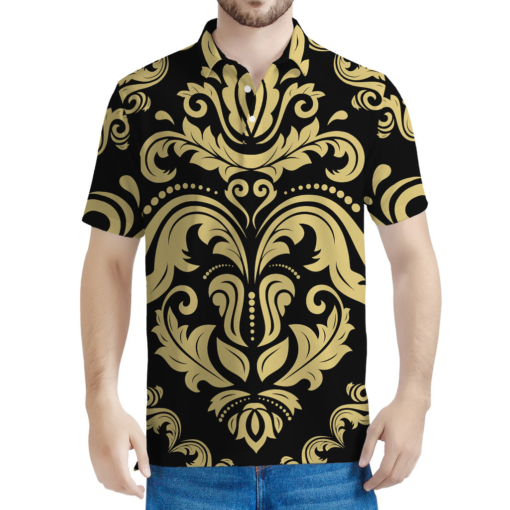 Black And Beige Damask Pattern Print Men's Polo Shirt