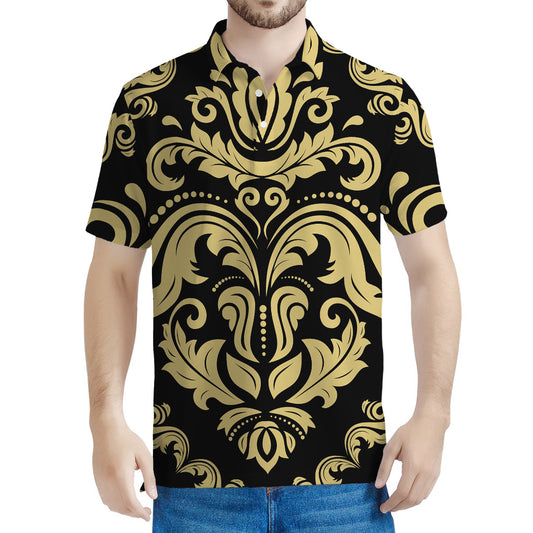 Black And Beige Damask Pattern Print Men's Polo Shirt