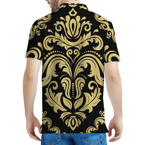 Black And Beige Damask Pattern Print Men's Polo Shirt