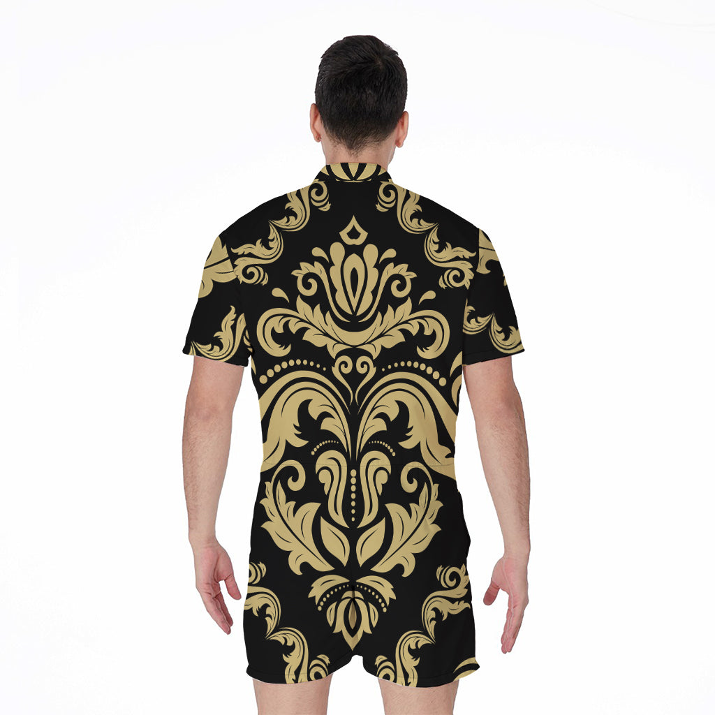 Black And Beige Damask Pattern Print Men's Rompers