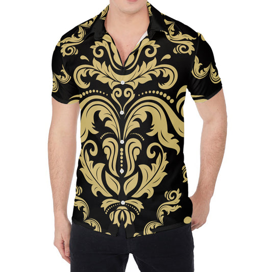 Black And Beige Damask Pattern Print Men's Shirt