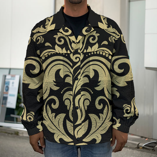 Black And Beige Damask Pattern Print Men's Shirt Jacket