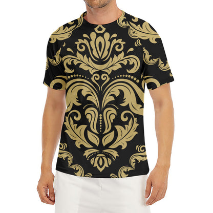 Black And Beige Damask Pattern Print Men's Short Sleeve Rash Guard
