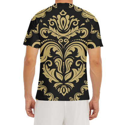 Black And Beige Damask Pattern Print Men's Short Sleeve Rash Guard