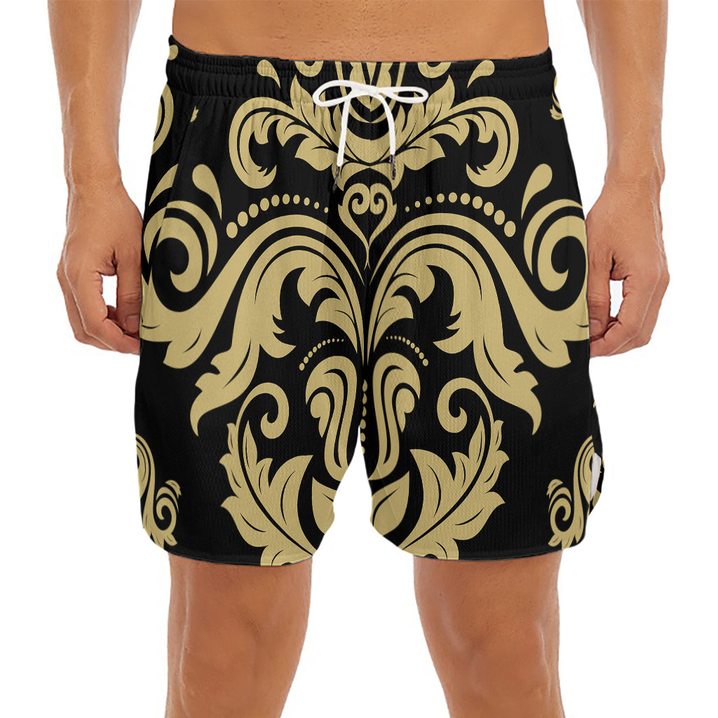 Black And Beige Damask Pattern Print Men's Split Running Shorts