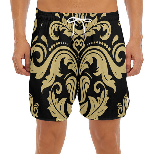 Black And Beige Damask Pattern Print Men's Split Running Shorts