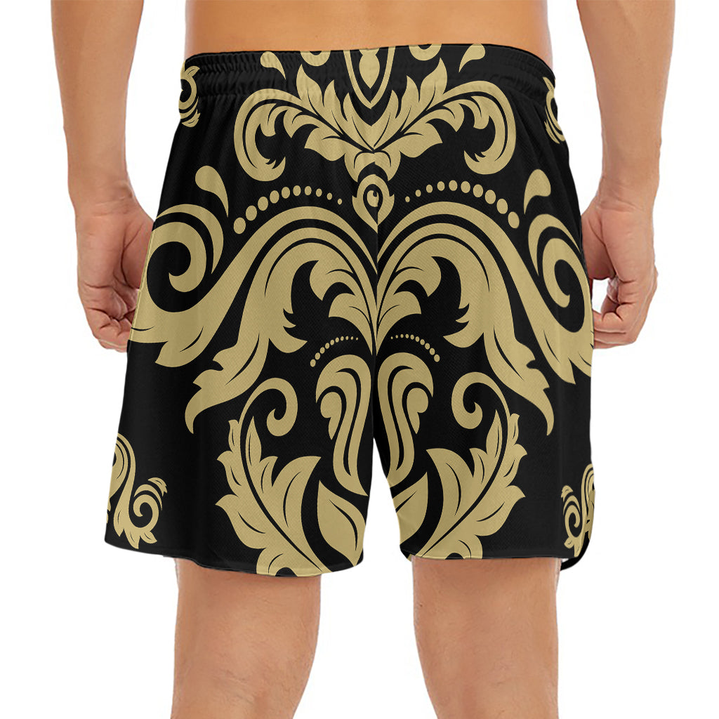 Black And Beige Damask Pattern Print Men's Split Running Shorts