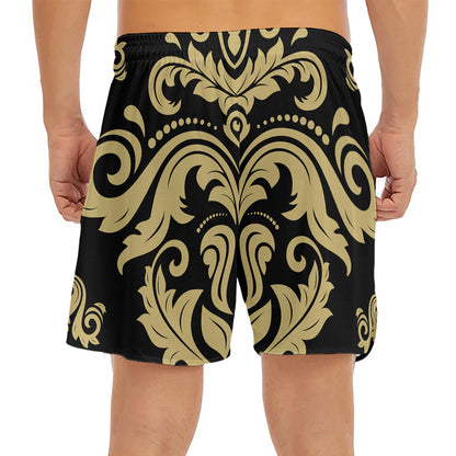 Black And Beige Damask Pattern Print Men's Split Running Shorts