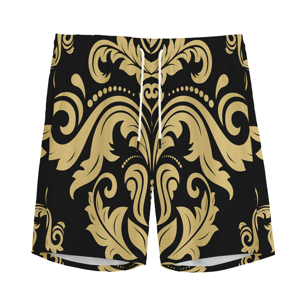 Black And Beige Damask Pattern Print Men's Sports Shorts