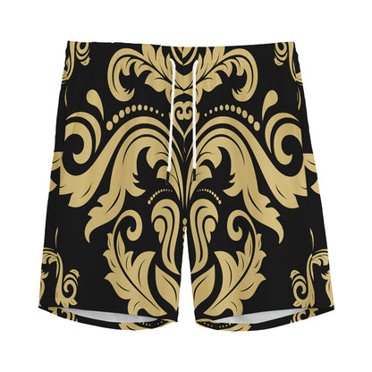 Black And Beige Damask Pattern Print Men's Sports Shorts
