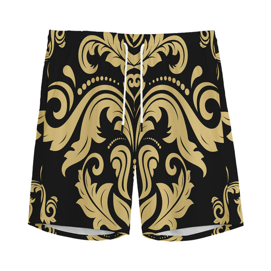 Black And Beige Damask Pattern Print Men's Sports Shorts
