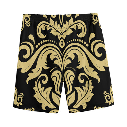 Black And Beige Damask Pattern Print Men's Sports Shorts