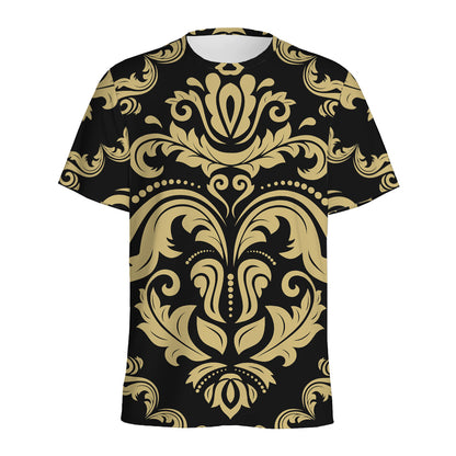 Black And Beige Damask Pattern Print Men's Sports T-Shirt