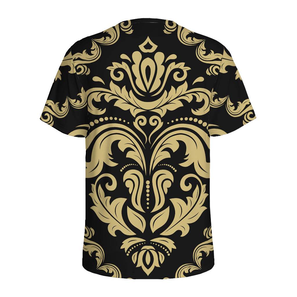 Black And Beige Damask Pattern Print Men's Sports T-Shirt