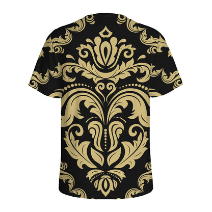 Black And Beige Damask Pattern Print Men's Sports T-Shirt