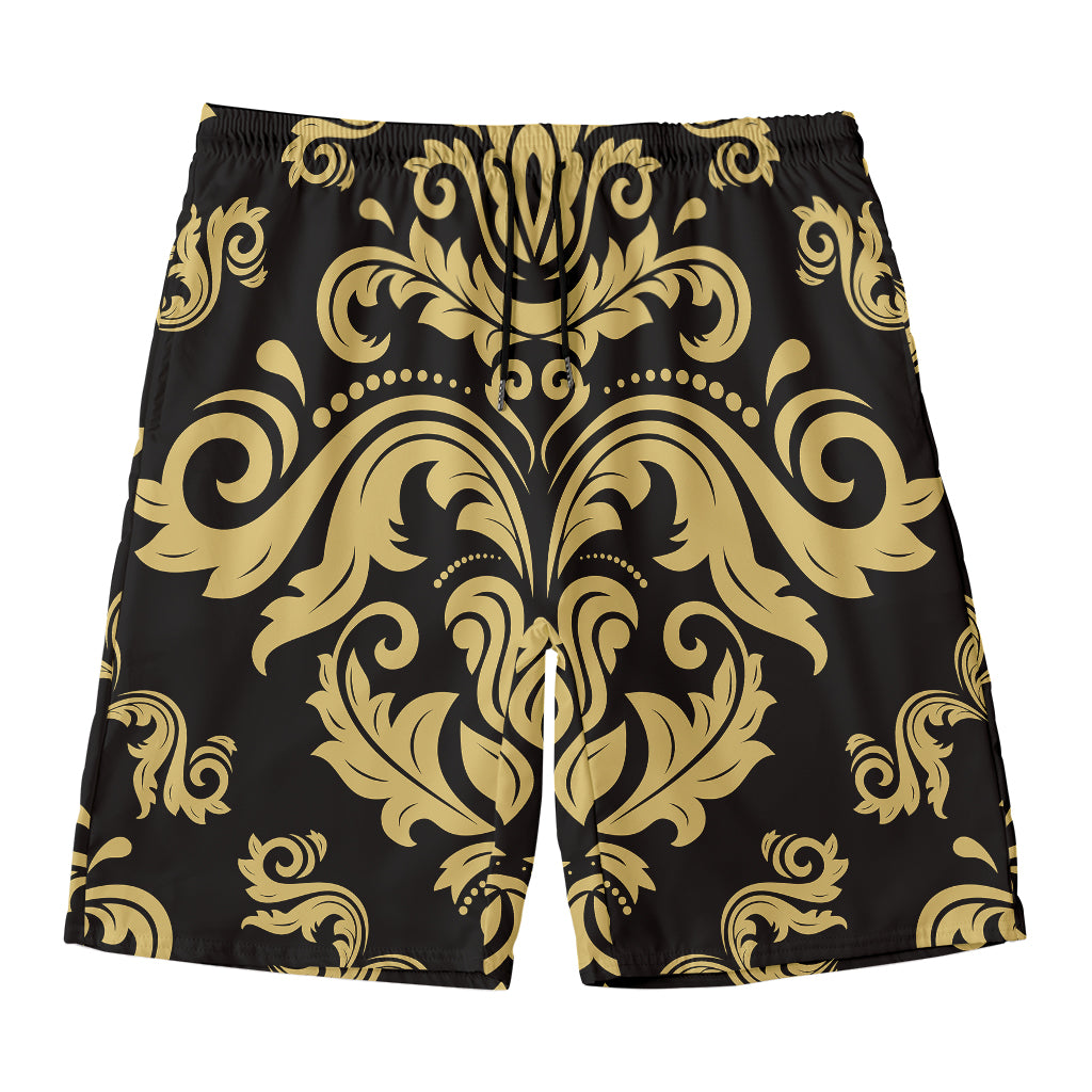 Black And Beige Damask Pattern Print Men's Swim Trunks