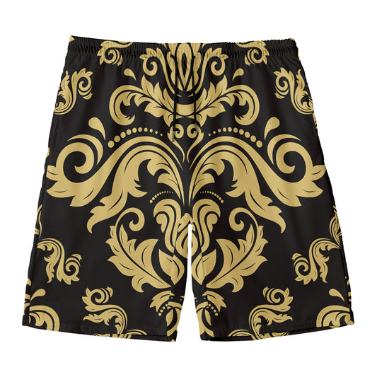 Black And Beige Damask Pattern Print Men's Swim Trunks