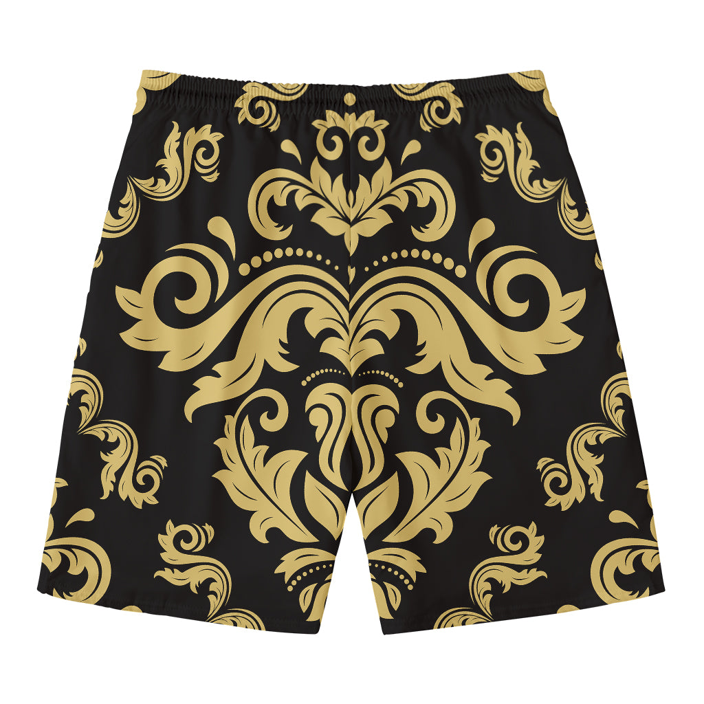 Black And Beige Damask Pattern Print Men's Swim Trunks