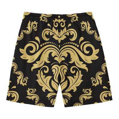 Black And Beige Damask Pattern Print Men's Swim Trunks