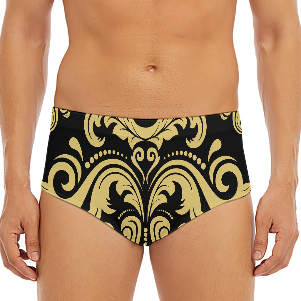 Black And Beige Damask Pattern Print Men's Triangle Swim Briefs