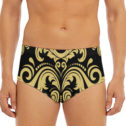 Black And Beige Damask Pattern Print Men's Triangle Swim Briefs