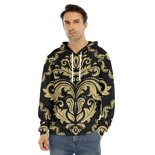 Black And Beige Damask Pattern Print Men's Velvet Pullover Hoodie