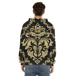 Black And Beige Damask Pattern Print Men's Velvet Pullover Hoodie