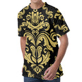 Black And Beige Damask Pattern Print Men's Velvet T-Shirt