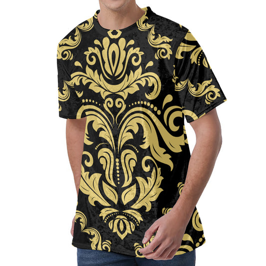 Black And Beige Damask Pattern Print Men's Velvet T-Shirt
