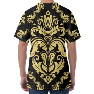 Black And Beige Damask Pattern Print Men's Velvet T-Shirt