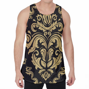 Black And Beige Damask Pattern Print Men's Velvet Tank Top