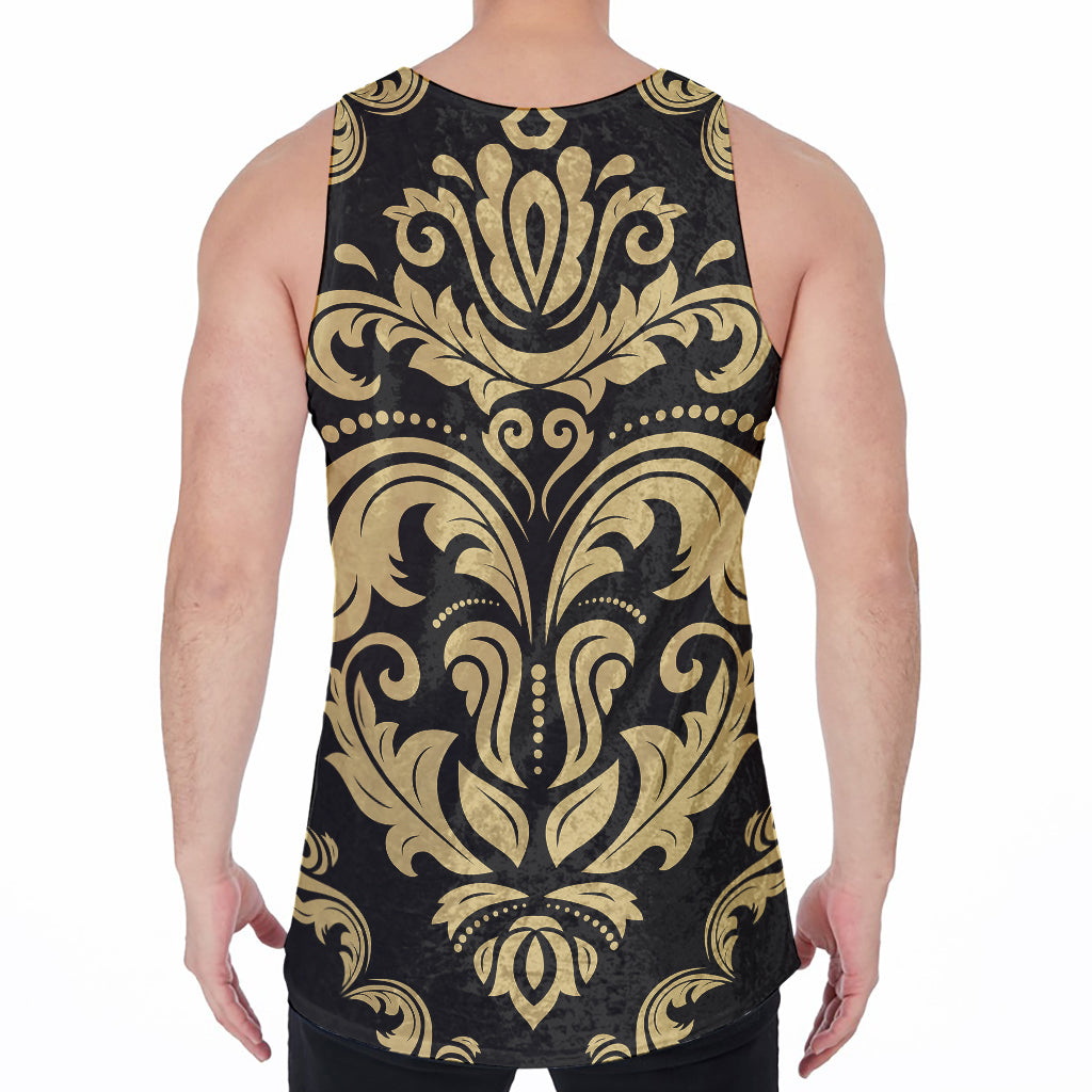 Black And Beige Damask Pattern Print Men's Velvet Tank Top