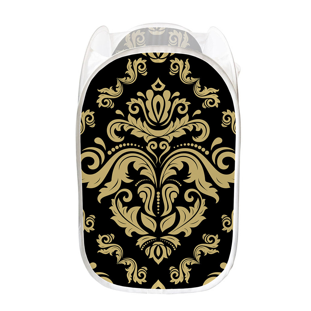 Black And Beige Damask Pattern Print Mesh Laundry Hamper