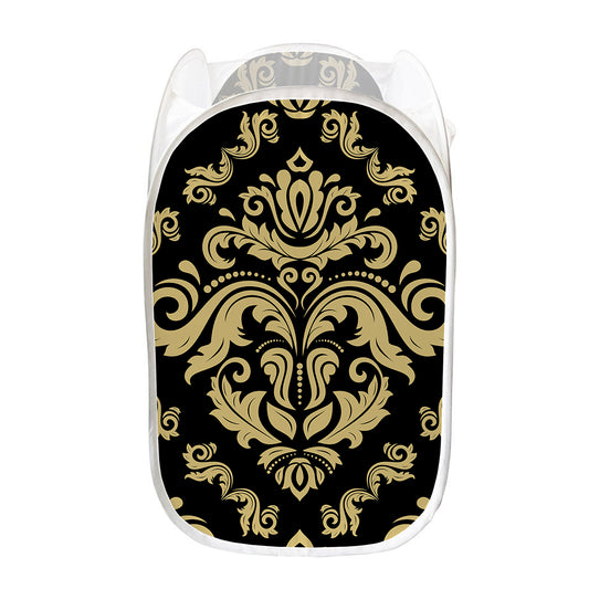 Black And Beige Damask Pattern Print Mesh Laundry Hamper
