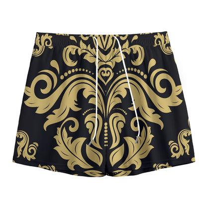 Black And Beige Damask Pattern Print Mesh Shorts