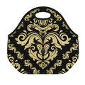 Black And Beige Damask Pattern Print Neoprene Lunch Bag