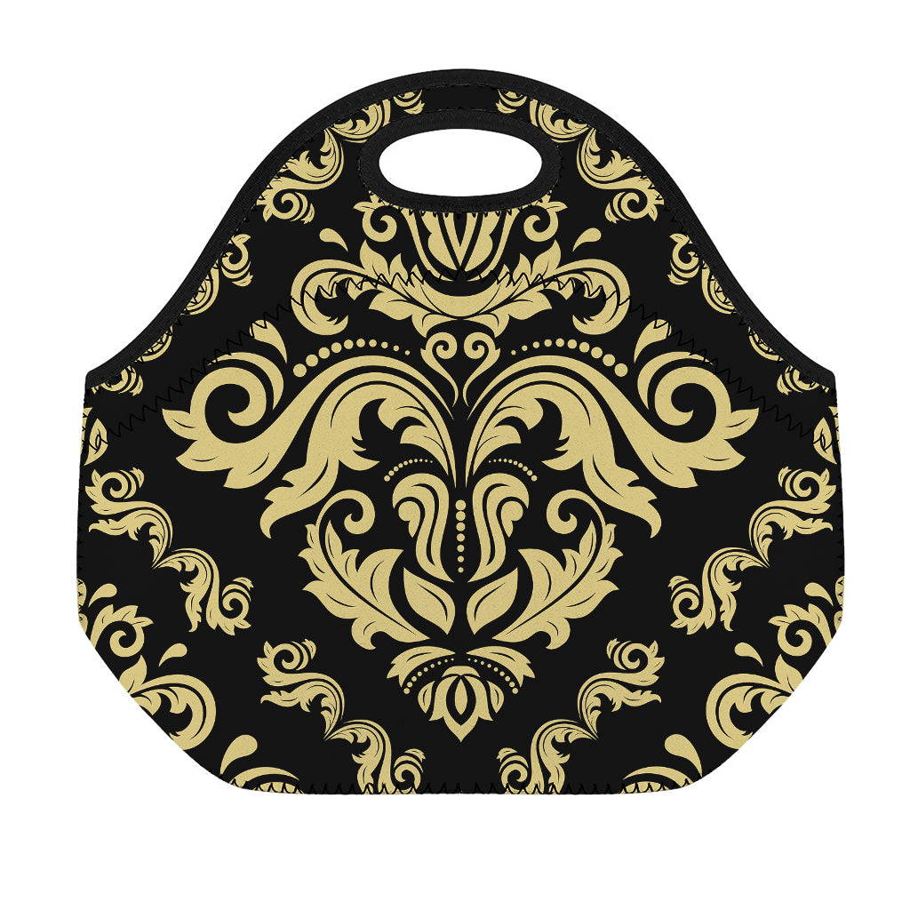 Black And Beige Damask Pattern Print Neoprene Lunch Bag