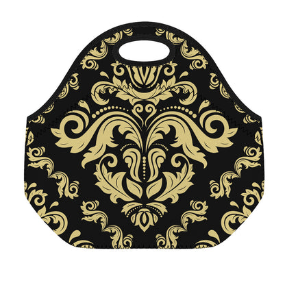 Black And Beige Damask Pattern Print Neoprene Lunch Bag