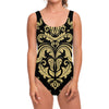 Black And Beige Damask Pattern Print One Piece Swimsuit
