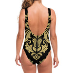 Black And Beige Damask Pattern Print One Piece Swimsuit