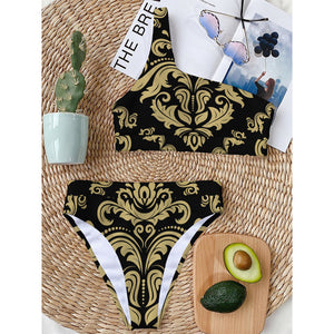 Black And Beige Damask Pattern Print One Shoulder Bikini Top