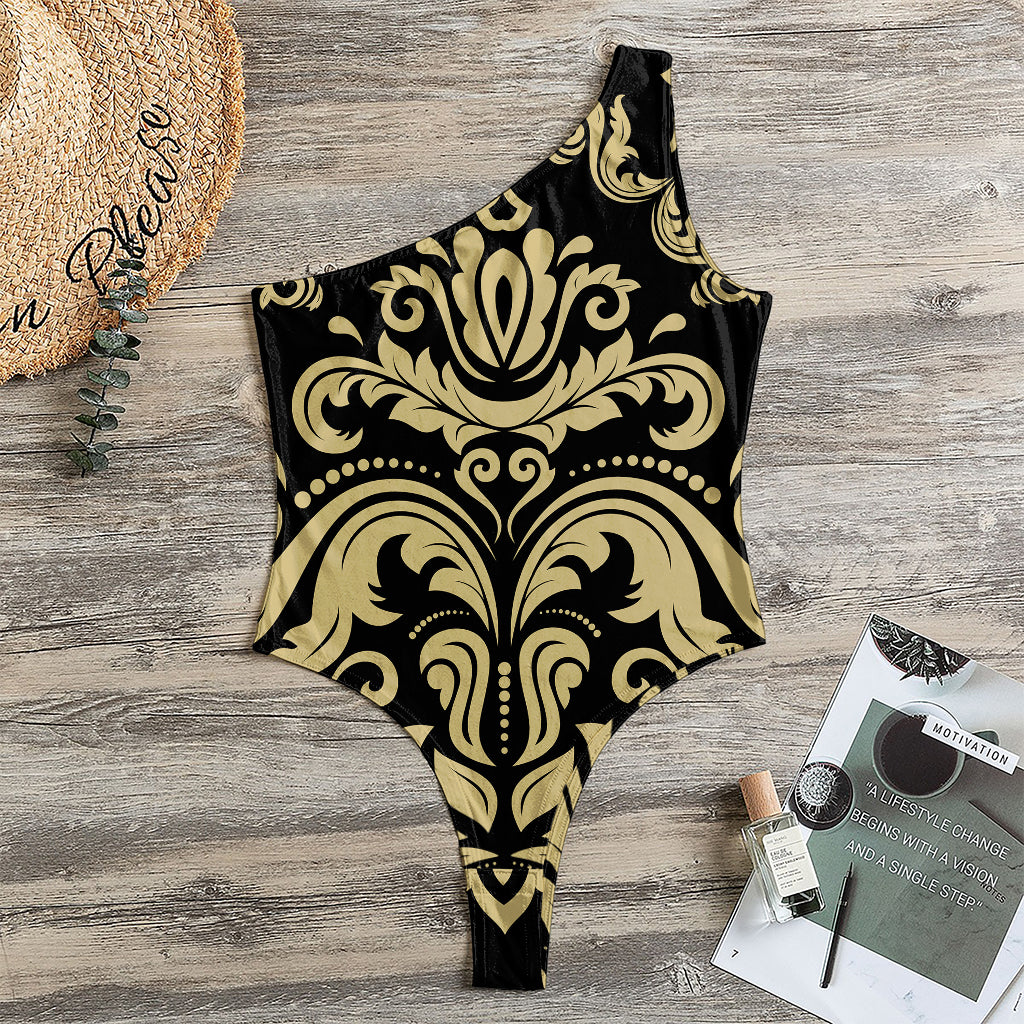 Black And Beige Damask Pattern Print One Shoulder Bodysuit