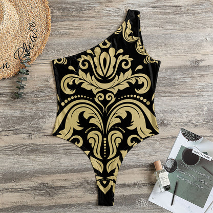 Black And Beige Damask Pattern Print One Shoulder Bodysuit