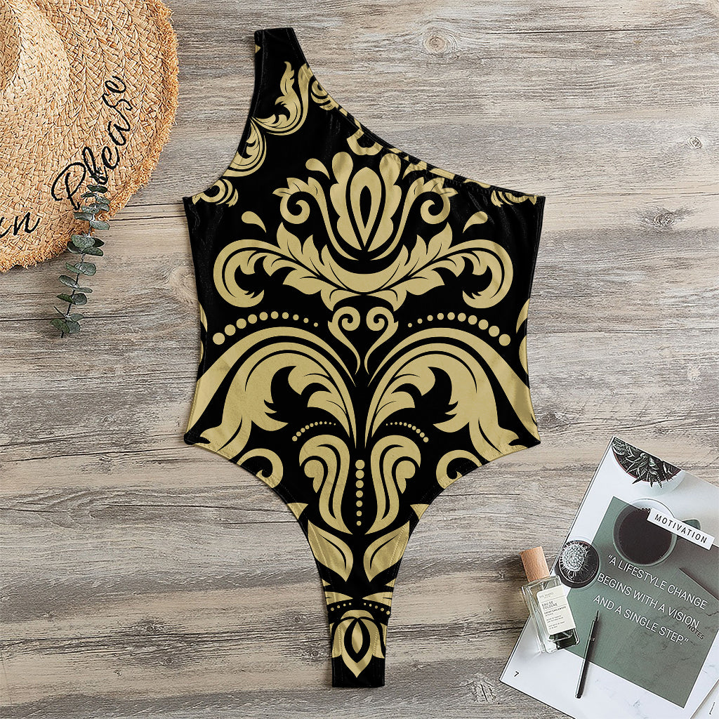 Black And Beige Damask Pattern Print One Shoulder Bodysuit