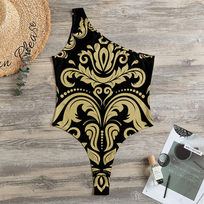 Black And Beige Damask Pattern Print One Shoulder Bodysuit