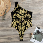 Black And Beige Damask Pattern Print One Shoulder Bodysuit