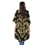 Black And Beige Damask Pattern Print Open Front Beach Cover Up