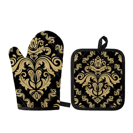Black And Beige Damask Pattern Print Oven Mitt And Pot Holder Set