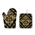 Black And Beige Damask Pattern Print Oven Mitt And Pot Holder Set